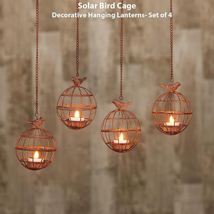 Outdoor Solar Hanging Lantern Lights, 4 Pack Rustic Ball Birdcage Hanging Candle Holder with Solar Tea Lights, Waterproof Chandelier for Patio, Backyard, Pergola, Tree Decor (Dark Orange)