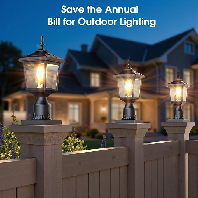 Greluna Solar Post Light with Pier Mount Base, 3000K Dusk to Dawn Lamp, Waterproof Outdoor Garden Yard Landscape Lighting, Decorative Pillar Light