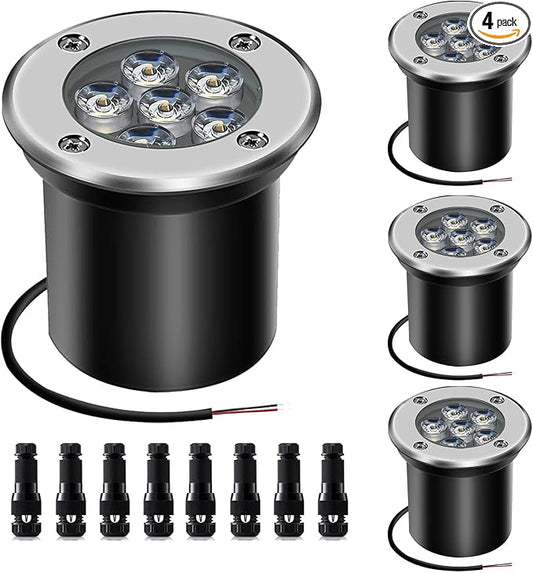 Low Voltage Landscape Light LED In-Ground Lighting with Connectors Well Lights Bright White Waterproof IP67 6W 12V 24V Outdoor Pathway Lights for Yard,Lawn,Patio,Walkway(Cool White)