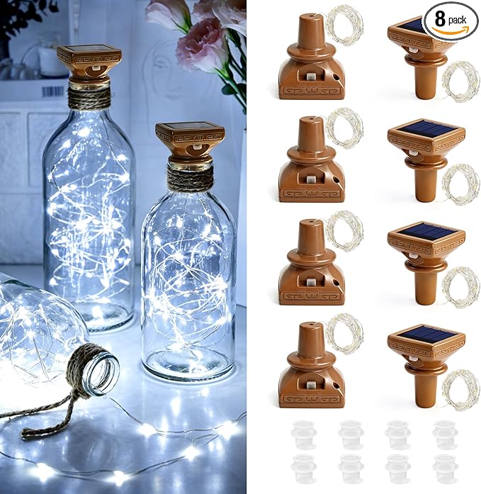VOOKRY 8 Pack Solar Powered Wine Bottle Lights, 20 LED Waterproof Outdoor Solar Fairy String Cork Lights for Wedding,Christmas,Birthday,Halloween,Garden,Patio,Tabletop,Indoor Decor (Cool White)