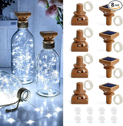 VOOKRY 8 Pack Solar Powered Wine Bottle Lights, 20 LED Waterproof Outdoor Solar Fairy String Cork Lights for Wedding,Christmas,Birthday,Halloween,Garden,Patio,Tabletop,Indoor Decor (Cool White)