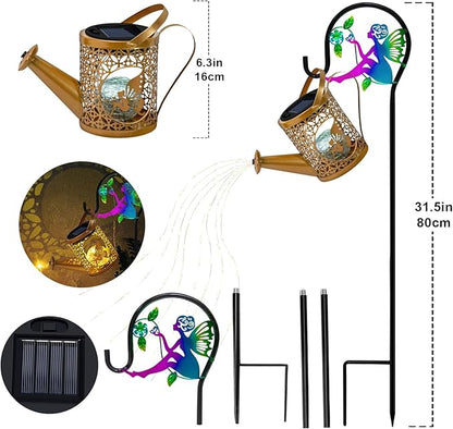 Christma Gifts Solar Lights Garden Decorative, Solar Watering Can with Cascading Lights, Waterproof Metal Lantern with Fairy Shepherd Hook, Outdoor Decor for Yard, Patio, Gifts for Mother's Day, Women