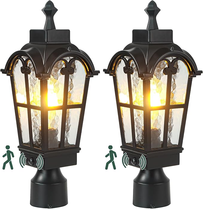 Motion Sensor Outdoor Post Lights Waterproof Dawn to Dusk Sensor Post Light Fixture Outdoor Anti-Rust Waterproof Exterior Lamp Post Lighting for Yard Pathway Driveway Fence -2 Pack