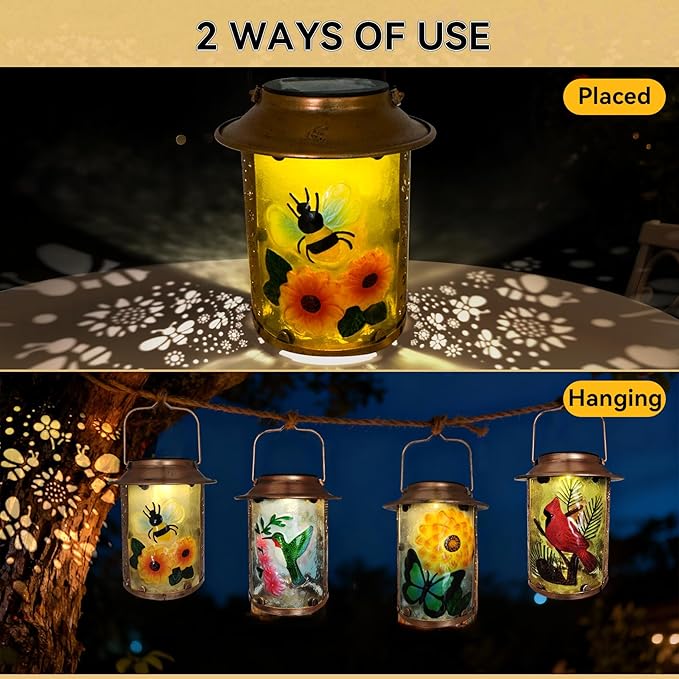 10" H Bee Solar Lanterns Outdoor, Metal Glass Hanging Solar Lanterns with Hollow Out Retro Bee Lights, Decorative for Garden Yard Patio Pathway Tabletop Gifts