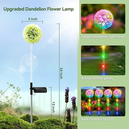 Solar Garden Lights Outdoor Decor: 4 Pack Dandelion Solar Flower Lights, 2 Modes 16 LED Colored Solar Lights for Outside, Waterproof Decorative Flowers for Yard, Patio, Gifts for Women Mom