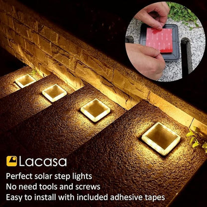 Lacasa Solar Deck Lights, 4 Pack Warm White Outdoor In-Ground Driveway Walkway Dock, IP68 Waterproof Solar Powered Stair Step Pathway Fence Auto On/Off LED for Garden Yard Patio