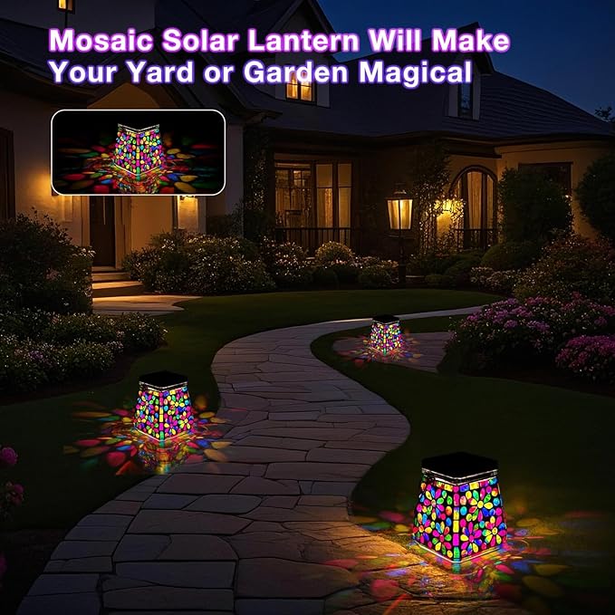 VOREEN Mosaic Glass Solar Lantern & Table Lamp, 600mAh Solar Powered Outdoor Light, Dual Modes Warm White & RGB, Waterproof IP44 Garden Patio Yard Decor, Handmade Gift for Women Mom Friends