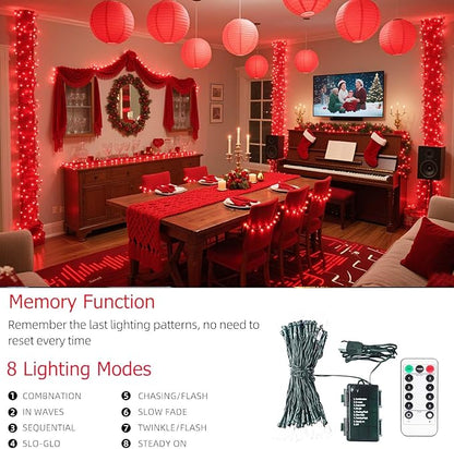 Tcamp 33ft 100LED Red Christmas Lights Battery Operated with Remote Memory Timer, 8 Modes Battery String Lights for Christmas Tree Wreath Bedroom Outdoor Indoor Decor
