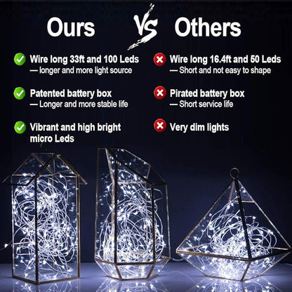 MUMUXI 2 Pack 33ft Remote Control Fairy Lights Battery Operated String Lights with Timer, 100 Twinkle LED for Outdoor, Waterproof Silver Wire Firefly Lights, Cool White