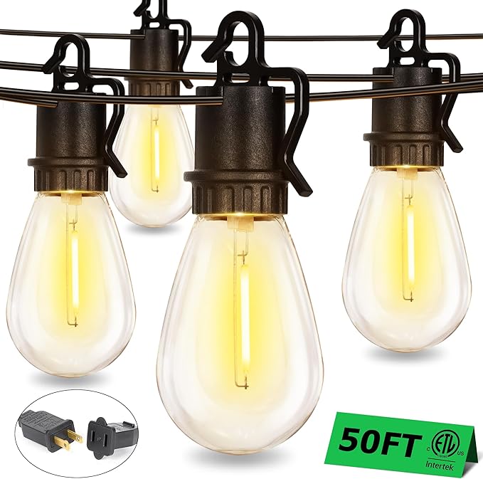 50FT Outdoor String Lights with 25 Shatterproof S14 Vintage Edison Bulbs E12 Sockets,2700K Dimmable Outdoor Lights,IP55 Waterproof LED String Lights for Outside, Patio, Garden, Backyard,Bistro
