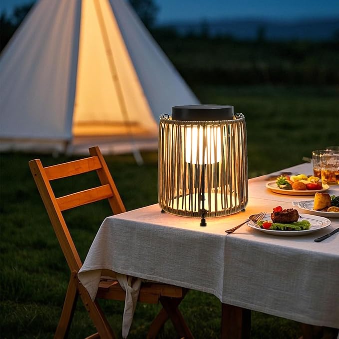 Solar Lanterns Outdoor Waterproof IP54, Handwoven Wicker Outdoor Table Lamps Portable Rechargeable with 30H+ Runtime, Dual USB-C/Solar Charging Hanging Lantern, 3 Brightness Levels