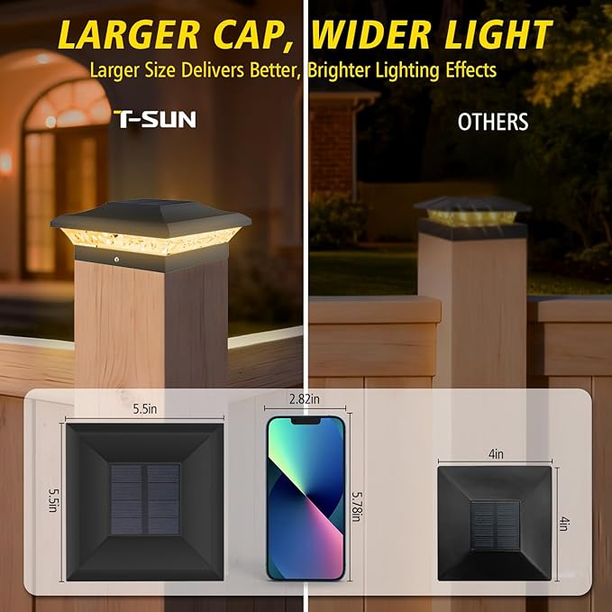 T-SUN Solar Post Cap Lights 6 Pack for 4x4 Vinyl/Wooden Posts, Waterproof Outdoor Warm & Cool White（3000K/6000K） Solar Powered Deck/Garden/Patio Lighting