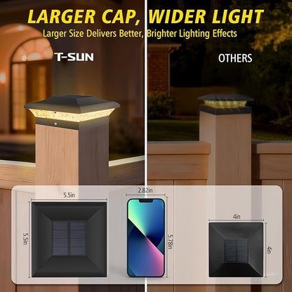 T-SUN Solar Post Cap Lights 6 Pack for 4x4 Vinyl/Wooden Posts, Waterproof Outdoor Warm & Cool White（3000K/6000K） Solar Powered Deck/Garden/Patio Lighting