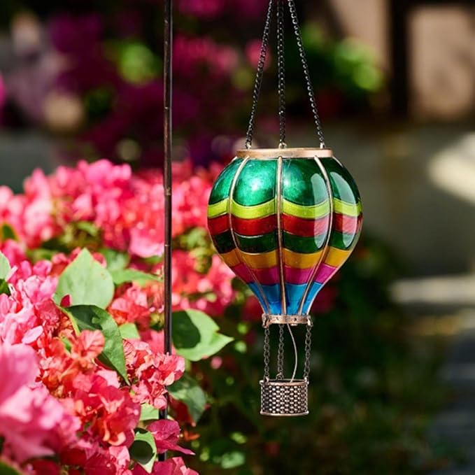 TERESA'S Collections Valentines Day Outdoor Decorations Hot Air Balloon Solar Lantern ,Hanging Flickering Flame Outdoor Lights for Garden Trees Yard, Colorful Lamp Decor for Mom Lovers