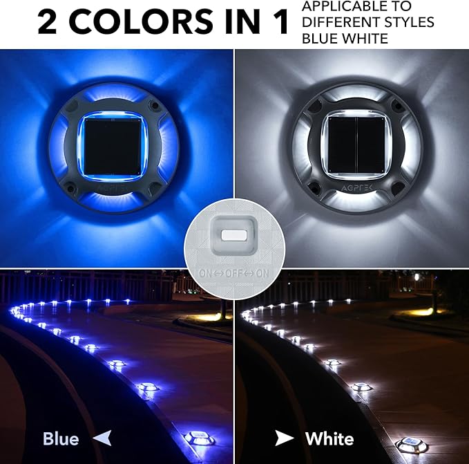 AGPTEK Solar Driveway Lights Outdoor 16 Pack, 2 Color Modes LED Deck Dock Marine Waterproof Security Marker Lights for Step Sidewalk Stair Garden Pathway Walkway Yard(Blue Light/Cool White)