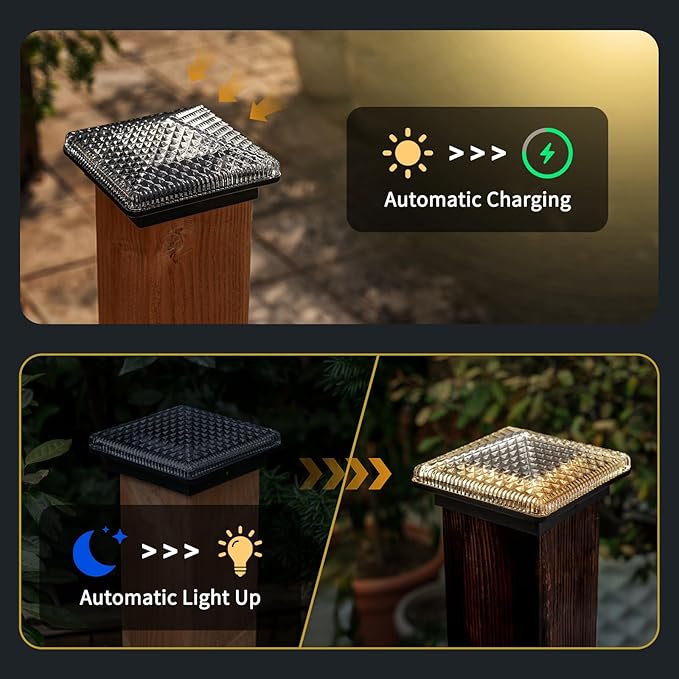 Glass Solar Post Cap Lights with Crystal Style - Decorative Deck Fence Lights for 4x4 5x5 Posts Hidden Solar Panel, Modular Design, 10Hr Runtime, IP65, Warm White, Black, 8 Pack
