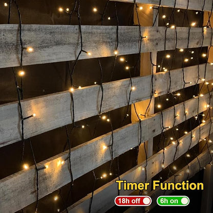 QITONG 2 Pack Warm White Battery Operated String Lights, Each 33ft 100 LED Christmas Lights Outdoor with Remote, Green Wire Twinkle Lights Indoor