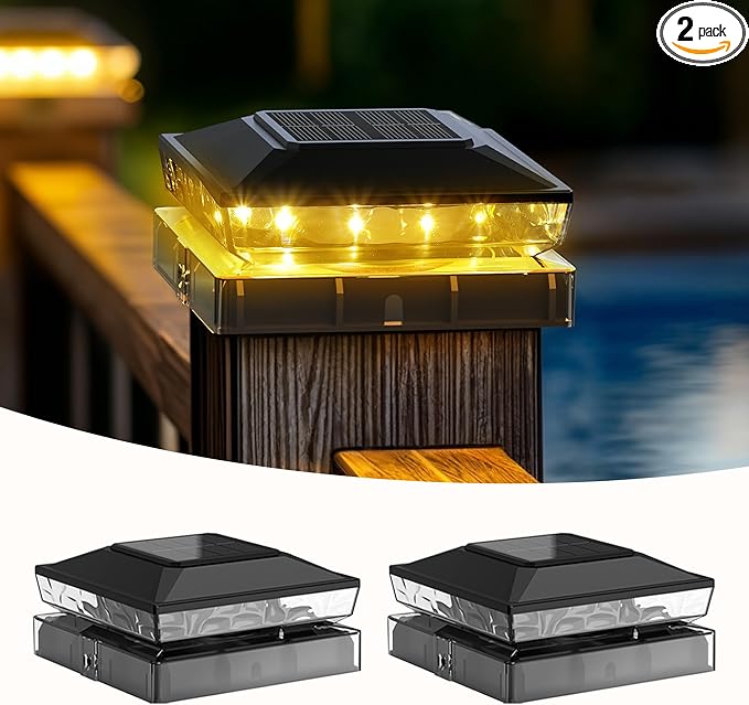 Solar Post Cap Lights, 2 Pack Upgraded Outdoor Deck Fence Post Solar Lights for 4x4 5x5 Wood/Vinyl Posts, IP65 Waterproof, 10-12 Hours Warm White Glow for Garden/Patio/Porch - Black