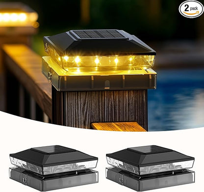 Solar Post Cap Lights, 2 Pack Upgraded Outdoor Deck Fence Post Solar Lights for 4x4 5x5 Wood/Vinyl Posts, IP65 Waterproof, 10-12 Hours Warm White Glow for Garden/Patio/Porch - Black