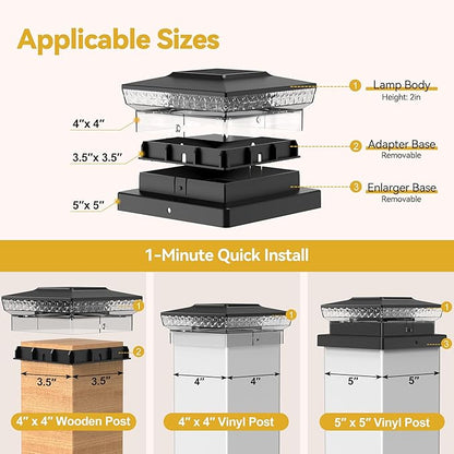 Solar Post Cap Lights, 6 Pack Upgraded Outdoor Deck Fence Post Solar Lights for 4x4 5x5 Wood/Vinyl Posts, IP65 Waterproof, 10-12 Hours Warm/Cool White Glow for Garden/Patio/Porch - Black
