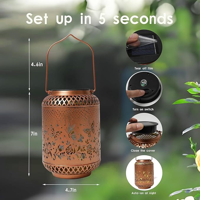 Butterfly Solar Lanterns Garden Decor Birthday Gifts for Women Mon Grandma Metal Hanging Solar Lights Waterproof Outdoor Decoration for Outside LED Lanterns for Yard Patio Lawn Pathway Landscape
