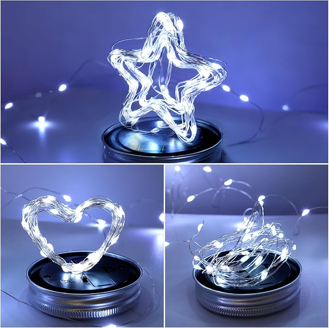 VOOKRY Solar Mason Jar Lights - 10 Pack 30 Led Solar Mason Jar Lids Outdoor Fairy Lights with 10 Hangers Waterproof for Jars DIY Party Patio Garden Table Wedding Decoration Cool White(No Jars)