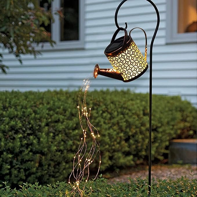 Garden Shower Light Solar Powered Watering Can with Lights Star Light LED Outdoor String Fairy Lights Waterfall with Bracket for Home Path Patio Yard Lawn, White