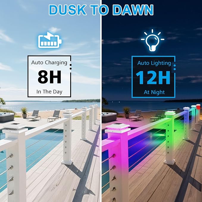 6-Pack RGB Solar Fence Post Lights, Outdoor LED Caps