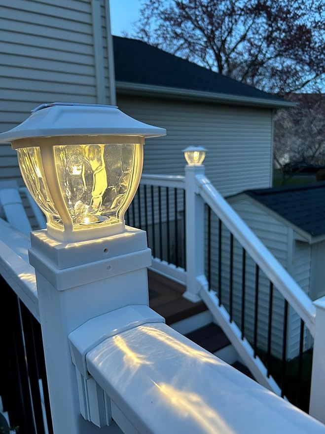 Maxsa 41981 Solar Wave Glass Post and Fence Cap Lights, Dusk-to-Dawn Solar-Powered Lighting, 3 Super Bright LEDs, 30 lumens of Warm-White Light, Fits 4x4, 5x5 & 6x6 Posts, White Finish, 2-Pack