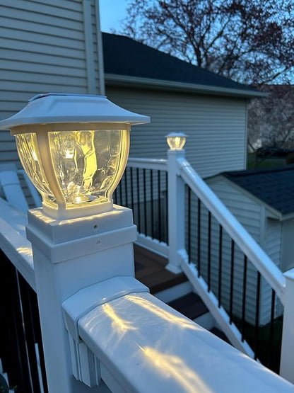 Maxsa 41981 Solar Wave Glass Post and Fence Cap Lights, Dusk-to-Dawn Solar-Powered Lighting, 3 Super Bright LEDs, 30 lumens of Warm-White Light, Fits 4x4, 5x5 & 6x6 Posts, White Finish, 2-Pack