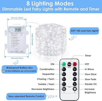 Mlambert 3 Pack 33FT Fairy Lights Battery Operated with Remote and Timer, Dimmable Waterproof 8 Modes Lights for Classroom Christmas Party-Cool White