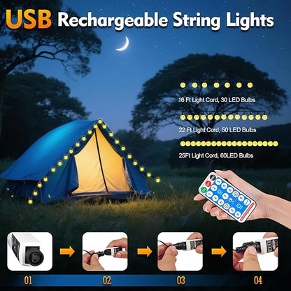 SMY Lighting 22FT*2 Rechargeable Battery Operated 50 LED Crystal Globe String Lights Outdoor/Indoor,Patio Hanging Lights with Remote Timer,Waterproof 8 Lighting Modes for Camping Garden Christmas