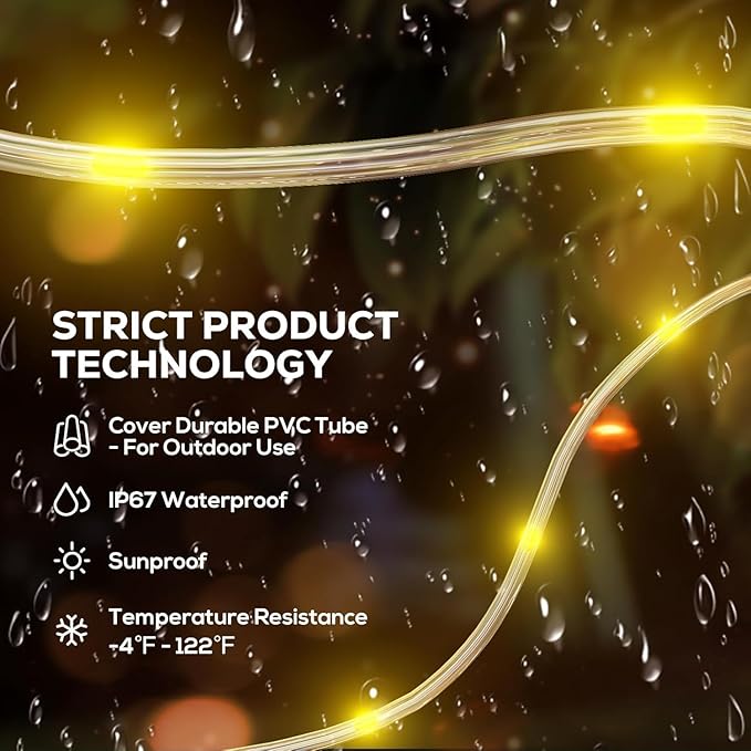 ICRGB Solar Rope Lights Outdoor, 39FT 100 LED Solar Rope Lights,IP67 Waterproof, 8 Modes, Outdoor Patio Porch Tree Wedding Christmas Pool Garden Decorative -Warm White