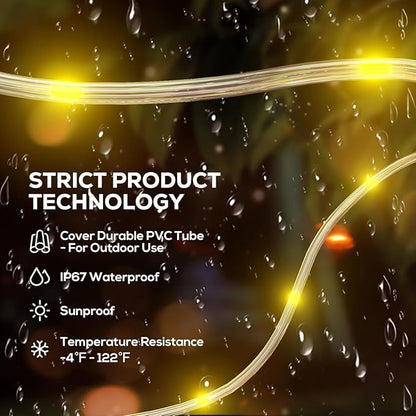 ICRGB Solar Rope Lights Outdoor, 39FT 100 LED Solar Rope Lights,IP67 Waterproof, 8 Modes, Outdoor Patio Porch Tree Wedding Christmas Pool Garden Decorative -Warm White