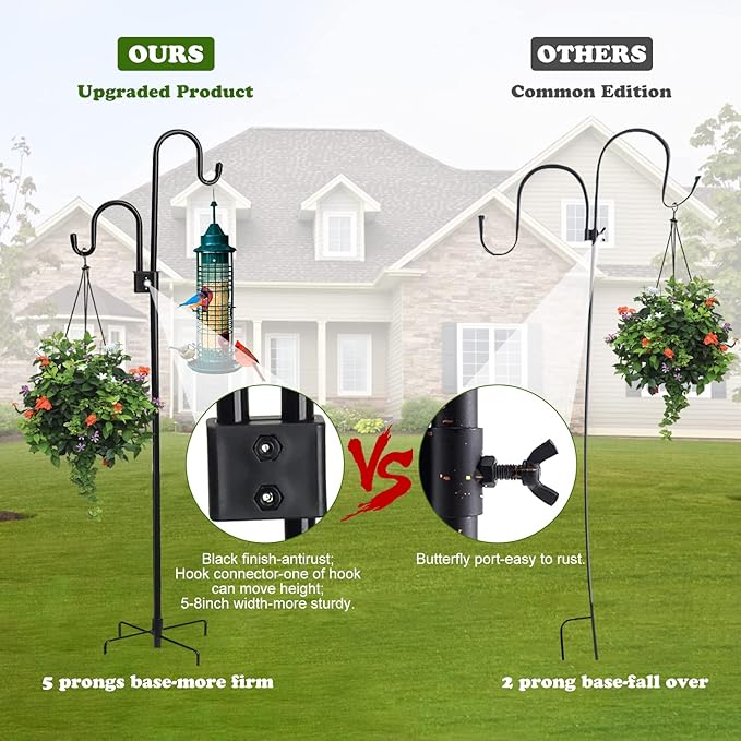 Shephard Hooks Outdoor 76 Inches for Lanterns Double Hooks Heavy Duty Shepherd Stand Plant Hanger Yard Hooks for Solar Lights,Bird Feeder Wedding Adjustable Height&Hooks Powder Coated
