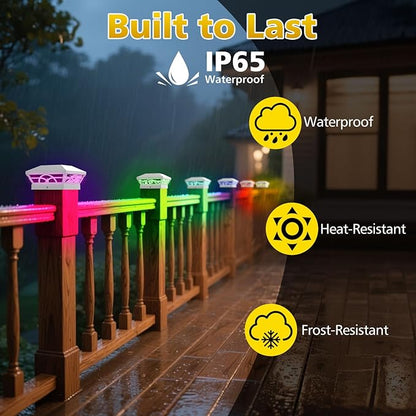 T-SUN Solar Post Cap Lights 6 Pack – Outdoor Waterproof RGB Color Changing Light for 3.5x3.5 4x4 5x5 5.5x5.5 Wood/Vinyl Fence Posts, Solar Deck Lights for Patio, Garden, Porch(White)