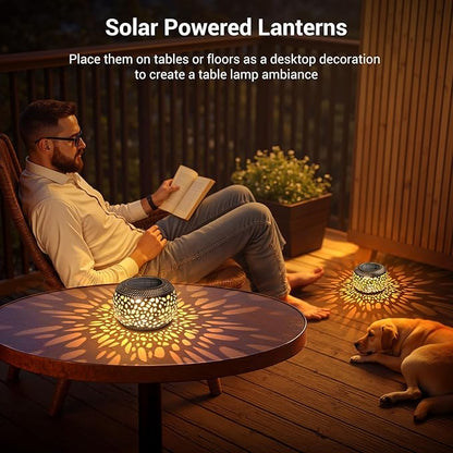 2 Pack Bronze Solar Lanterns Outdoor Waterproof Lights: Hollow Out Metal Table Light, Unique Gardening Gifts for Women Mom, Outside Garden Yard Balcony Indoor Tabletop Decorations, 2 Lighting Modes