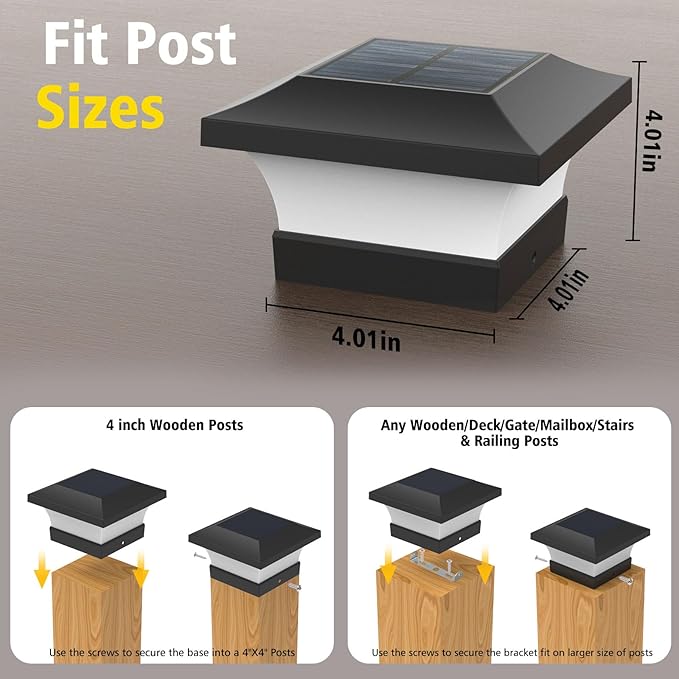 T-SUN 4X4 Post Solar Lights, Outdoor Waterproof Solar Post Cap Lights for 4X4 Wooden Posts, Deck, Fence, Garden, Mailbox (Warm White -6 Pack)