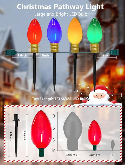 Jumbo C9 LED Christmas Pathway Lights Outdoor, 2 Pack 7 Ft Jumbo Christmas Lights with Pathway Marker Stakes, 8 Giant Multicolor Bulbs Outdoor Holiday Decorations for Lawn Yard Garden