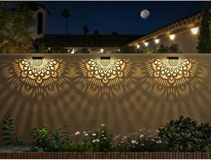 6 Pack Solar Fence Lights Outdoor Wall Lights Black Plastic Solar Powered Deck Step Stair Lights Mandala Theme Waterproof Fence Solar Light for Garden Post Patio Backyard Yard Decor
