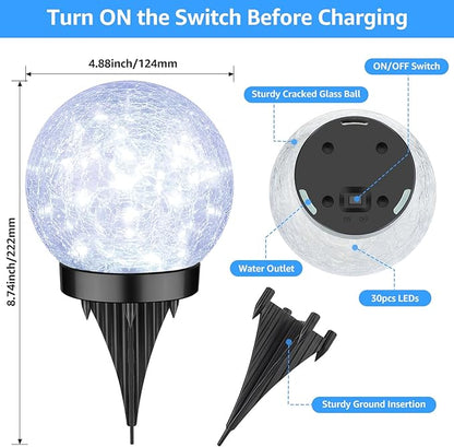 2-Pack Garden Solar Lights Outdoor, Cracked Glass Ball Light Waterproof, Decorative Solar Powered Globe Lighting Cool White for Yard Pathway