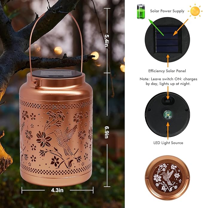 Solar Lanterns Outdoor Hummingbird Decorative Solar Lights Waterproof Metal Hanging Lights Gardening Gifts for Outside Garden Yard, Patio, Backyard, Farm Gifts for Women Mom Grandma