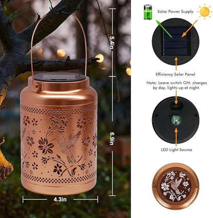 Solar Lanterns Outdoor Hummingbird Decorative Solar Lights Waterproof Metal Hanging Lights Gardening Gifts for Outside Garden Yard, Patio, Backyard, Farm Gifts for Women Mom Grandma