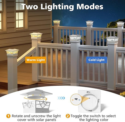 NIORSUN Solar Post Lights Outdoor 6 Pack, 2 Modes LED, Deck Fence Post Solar Lights for 3.5x3.5 4x4 5x5 5.5x5.5 Caps Patio Garden Decoration, White
