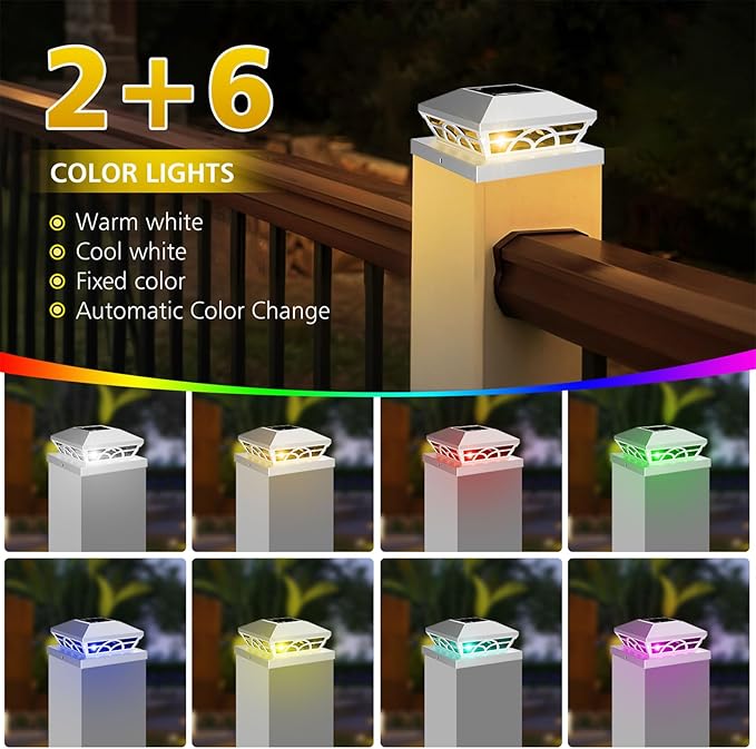 T-SUN Solar Post Cap Lights 6 Pack – Outdoor Waterproof RGB Color Changing Light for 3.5x3.5 4x4 5x5 5.5x5.5 Wood/Vinyl Fence Posts, Solar Deck Lights for Patio, Garden, Porch(White)