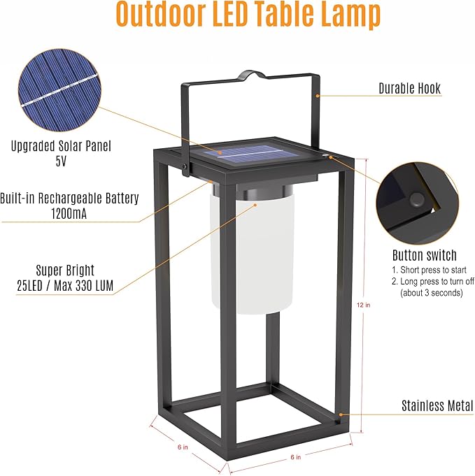 Outdoor Solar Lantern Table Lamp, Black Metal Portable Rechargeable Solar Lamp Waterproof Outdoor Lamps Decorative Large Outdoor Lanterns for Porch Patio Camping Walking Reading
