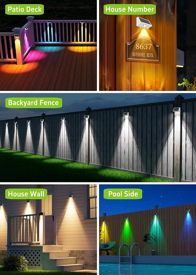 Solar Fence Lights Outdoor Waterproof High Brightness LED Spot Lens Deck Lights 7 Mode Warm & Cool White RGB Solar Powered Wall Lighting Decor for Outside Patio Step Backyard Railing - 12 Pack(White)