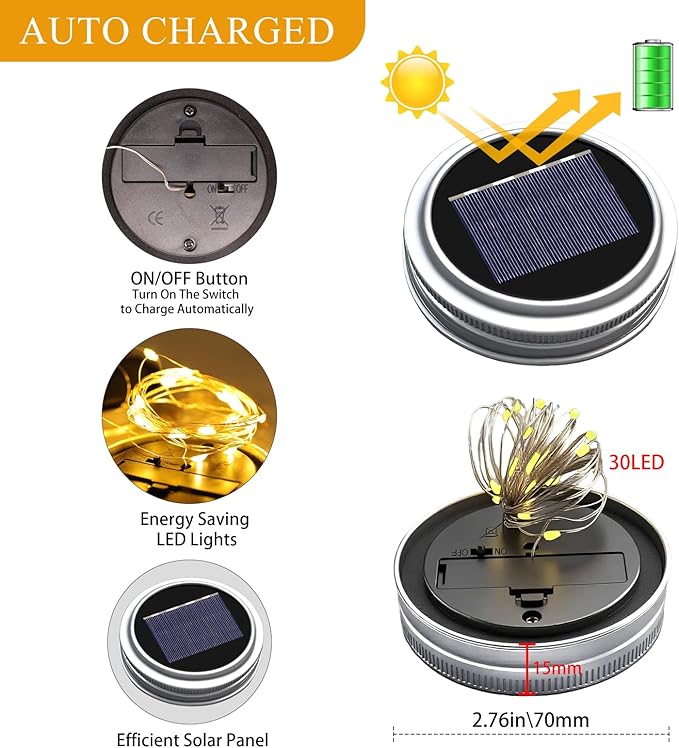 ZNYCYE Mason Jar Solar Lights for Outside, 12 Pack 30 LED Fairy Firefly Lights Mason Jar Solar Lids Outdoor Waterproof String Lights with Hangers(NO JARS) for Patio Garden Yard Lawn Decor - Warm White