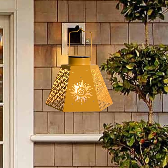 Outdoor Solar Lanterns Waterproof Hanging Solar Metal Lantern 9.5" Sun LED Lantern Yard Art Decor for Yard, Patio, Hallway, Birthday Mothers' Day Gifts (2Pack, Yellow)