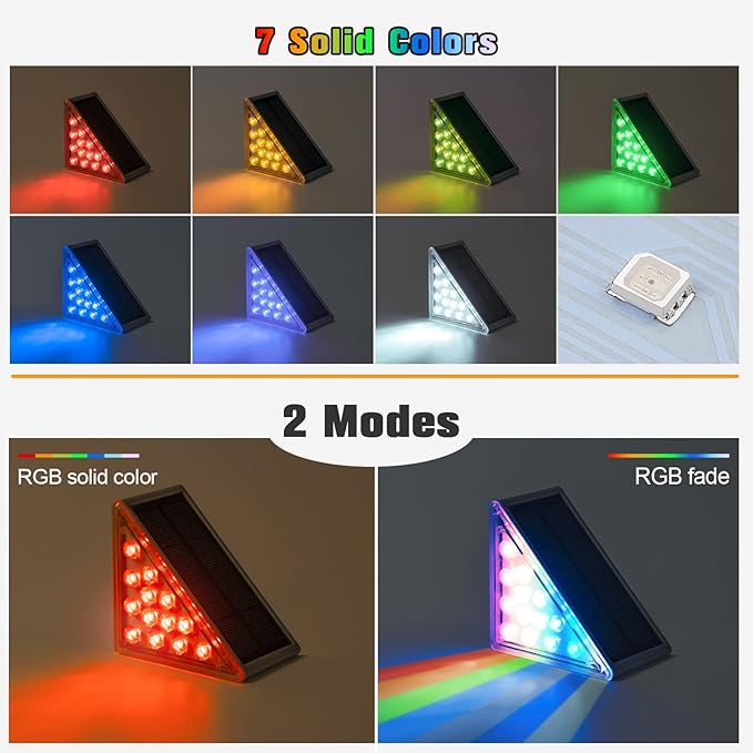 NIORSUN Solar Step Lights,8 Pack RGB Solid Color Changing Solar Stair Lights Outdoor Waterproof IP67 Auto On Off,Solar Lights for Steps,Stair,Patio,Yard,Porch,Front Door,Deck Decor